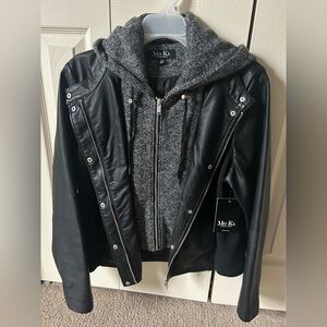 Mo-Ka Women's Black Faux Leather Jacket with Gray Knit Hoodie